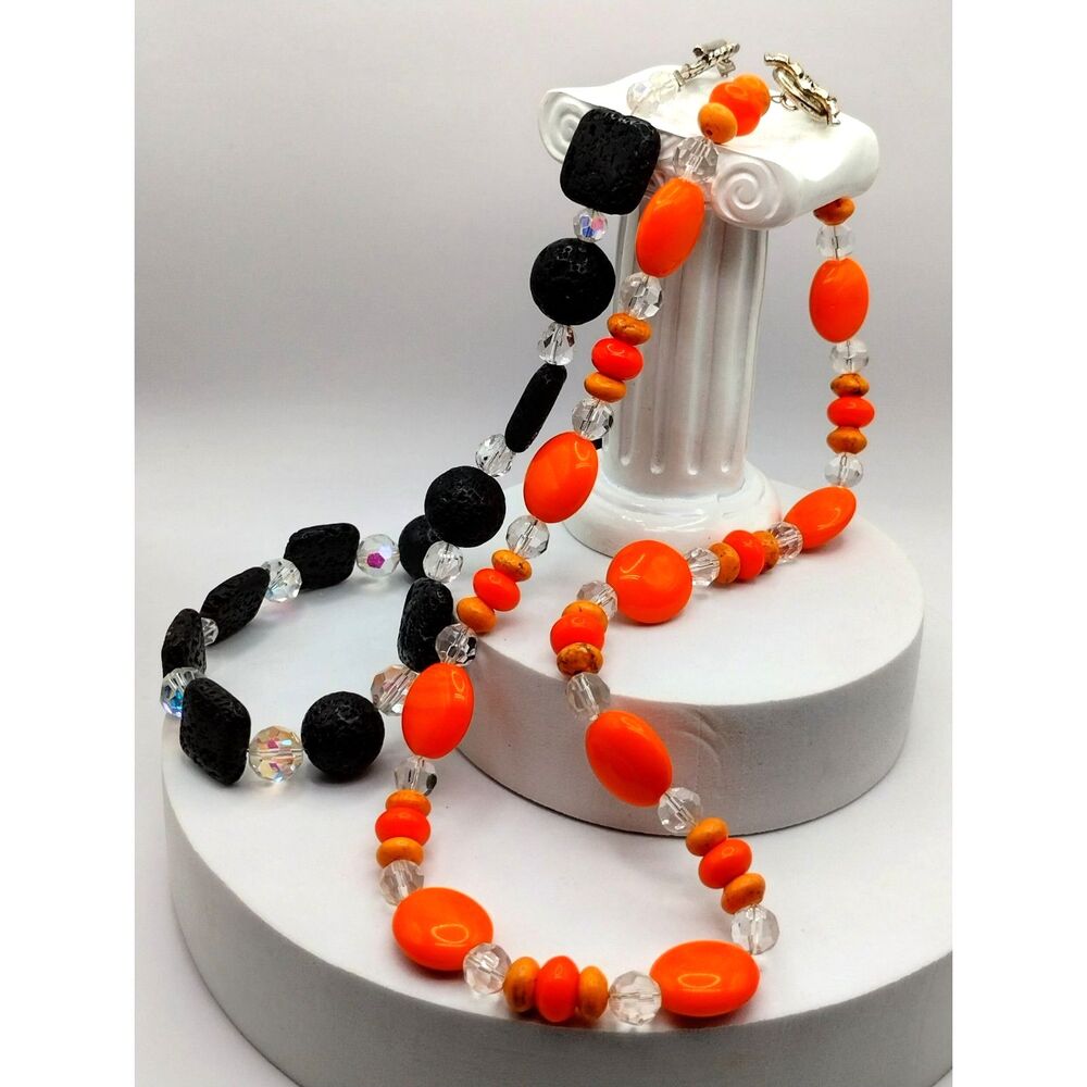 Pair of Necklaces Halloween Vibes in Black and Orange Glass and Lava Rock Beads